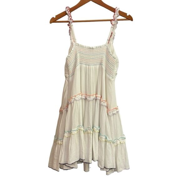 Storia Tahiti Twist Rainbow Trim Smocked Back Babydoll Mini Dress Small - Picture 8 of 12